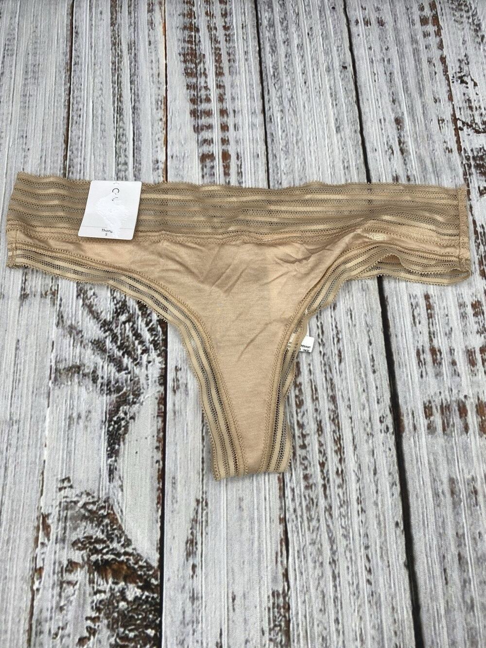 Calvin Klein Women Lace Trim Thong Nude Light Brown S NWT